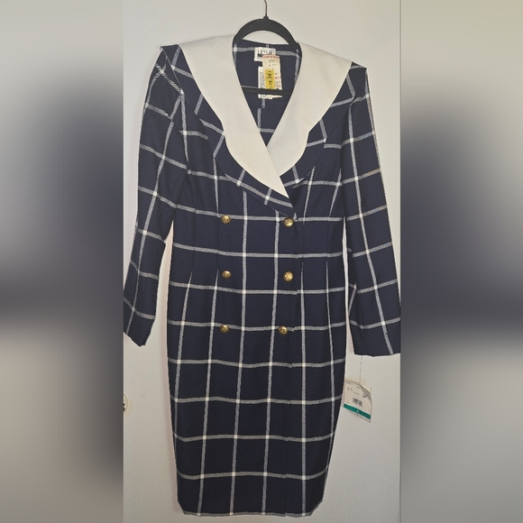 Leslie Fay Dresses & Skirts - Y2k Leslie Fay Navy and White Checkered Blazer Dress with Gold Buttons